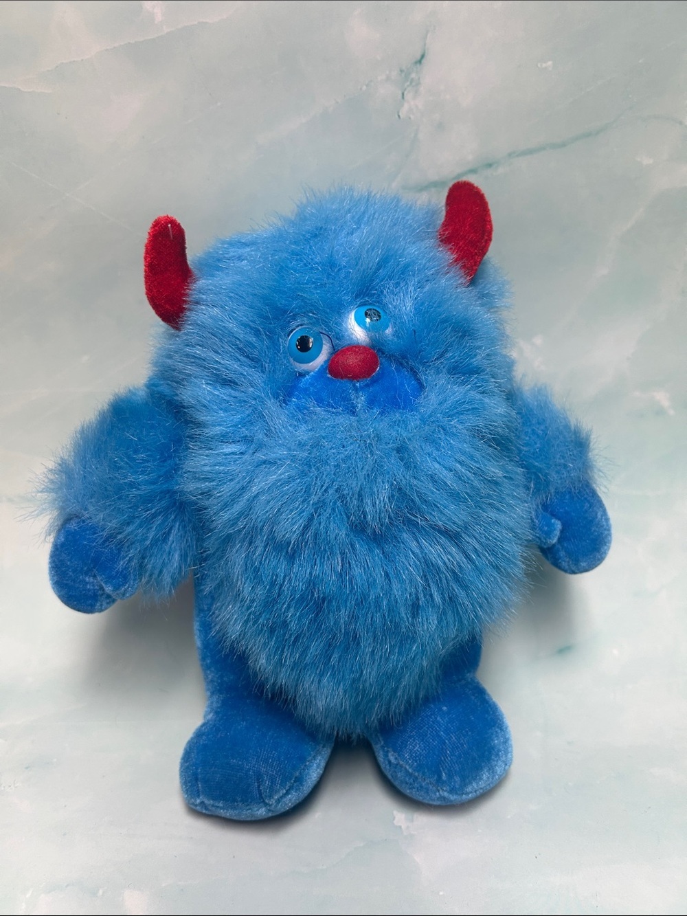 Blue Fuzzy Monster Plush Toy with Red Horns - 8 inches